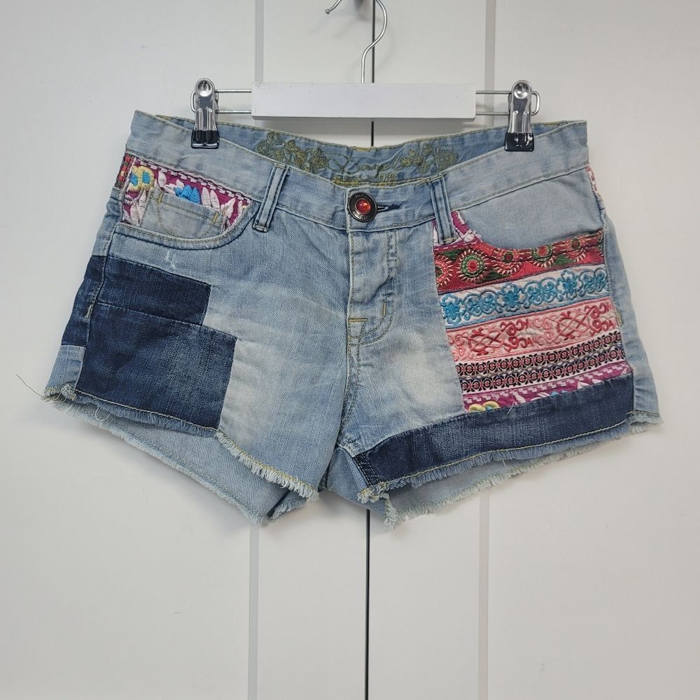 Desigual Ethnic Patchwork Denim Cutoff Shorts - Boho Festival Style  Size28